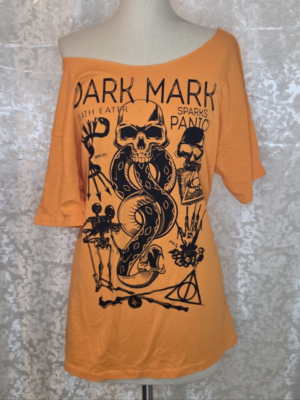 Dark Mark Harry Potter Graphic Off-Shoulder Orange Women's Top L